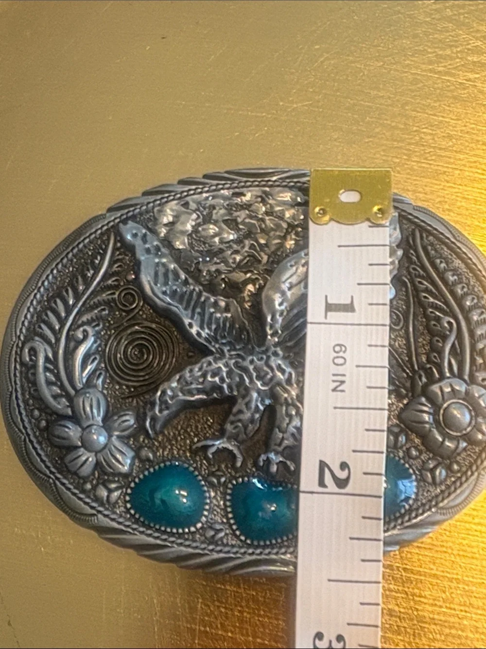 Silver Eagle Belt Buckle with Teal Stones 3.5x2.5in